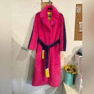 Frisson. Vibrant Pink Faux Fur Long Coat with Purple Trim